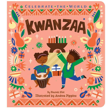 Book cover of 'Kwanzaa' with colorful illustrations and text on a pink background